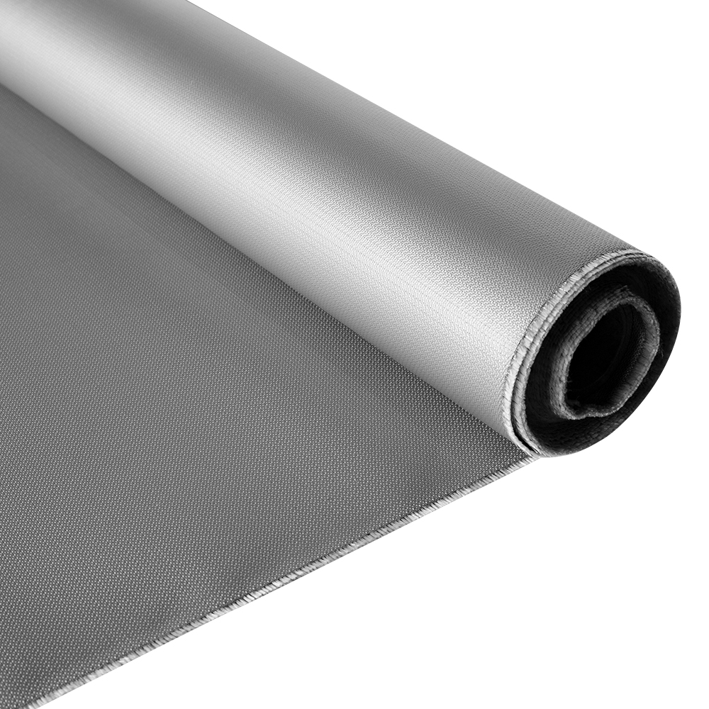 Close-up of silver silicone coated fiberglass cloth, 0.45mm thick 480g/m² heat-resistant fabric texture