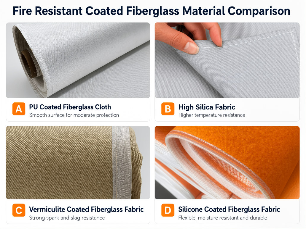 Comparison of silicone coated fiberglass fabric, PU coated fiberglass cloth, high silica fabric and vermiculite coated fiberglass fabric for fire protection