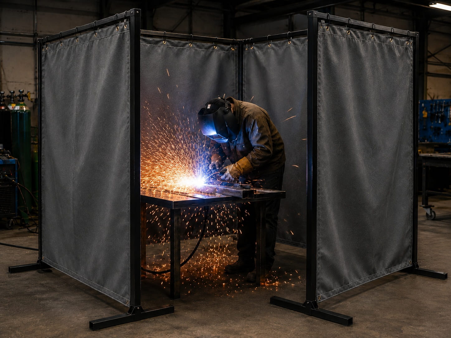 Welding protection with silicone coated fiberglass fabric welding curtains blocking sparks in industrial workshop