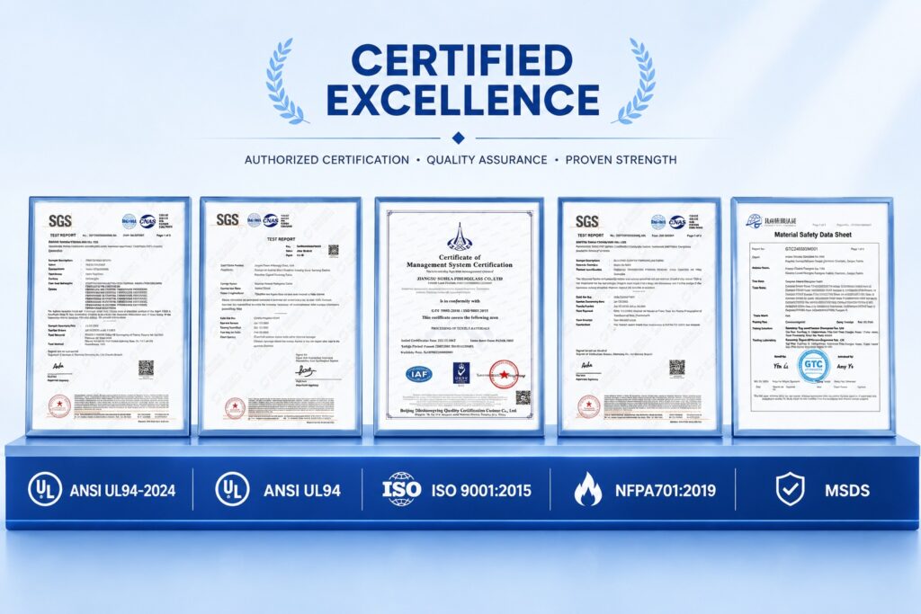 Silicone coated fiberglass fabric certificates and quality assurance reports including ISO, UL and MSDS documents