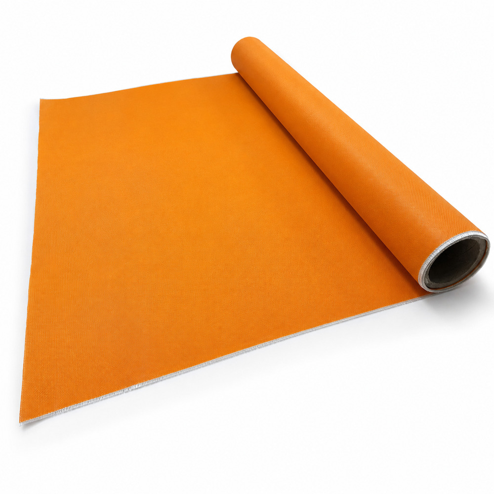 Orange silicone coated fiberglass fabric roll angled view for fire protection and thermal insulation applications