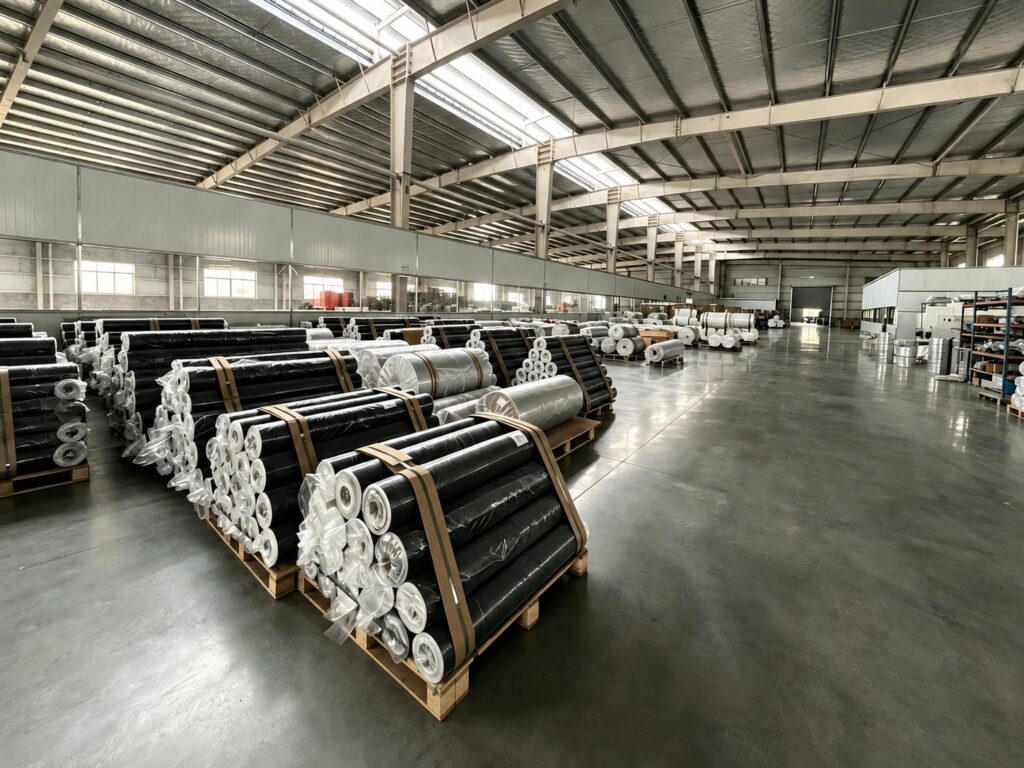 One-side silicone coated fiberglass fabric rolls stored in warehouse for export supply