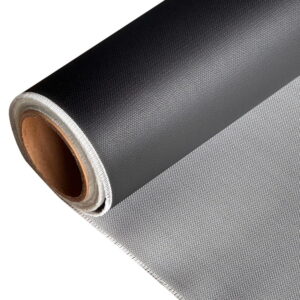 Single sided black silicone coated fiberglass fabric, display black silicone surface and raw silver fiberglass backing