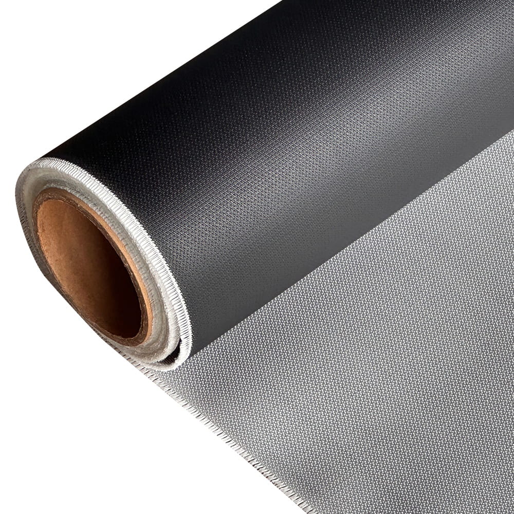 Single sided black silicone coated fiberglass fabric, display black silicone surface and raw silver fiberglass backing