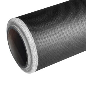 Close-up edge woven texture of one side black silicone coated fiberglass fabric roll