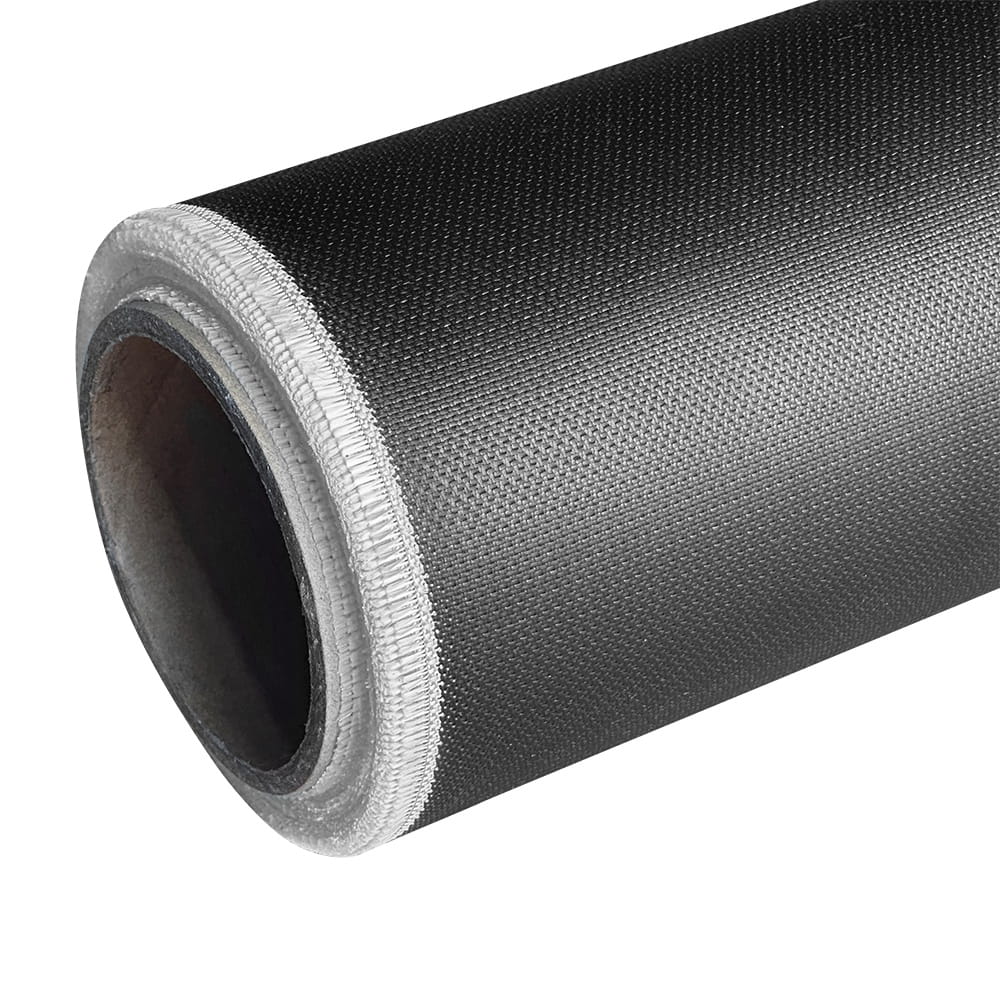 Close-up edge woven texture of one side black silicone coated fiberglass fabric roll