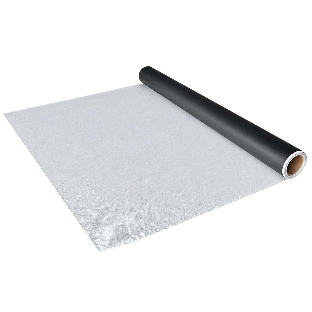 Single sided black silicone coated fiberglass fabric roll, front silicone layer and raw fiberglass back overview shot